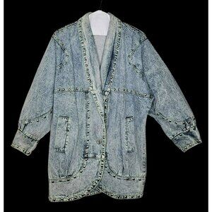 Studded Denim Oversized Jacket 80s VTG Eunina Acid Wash Lrg Biker Rocker Western